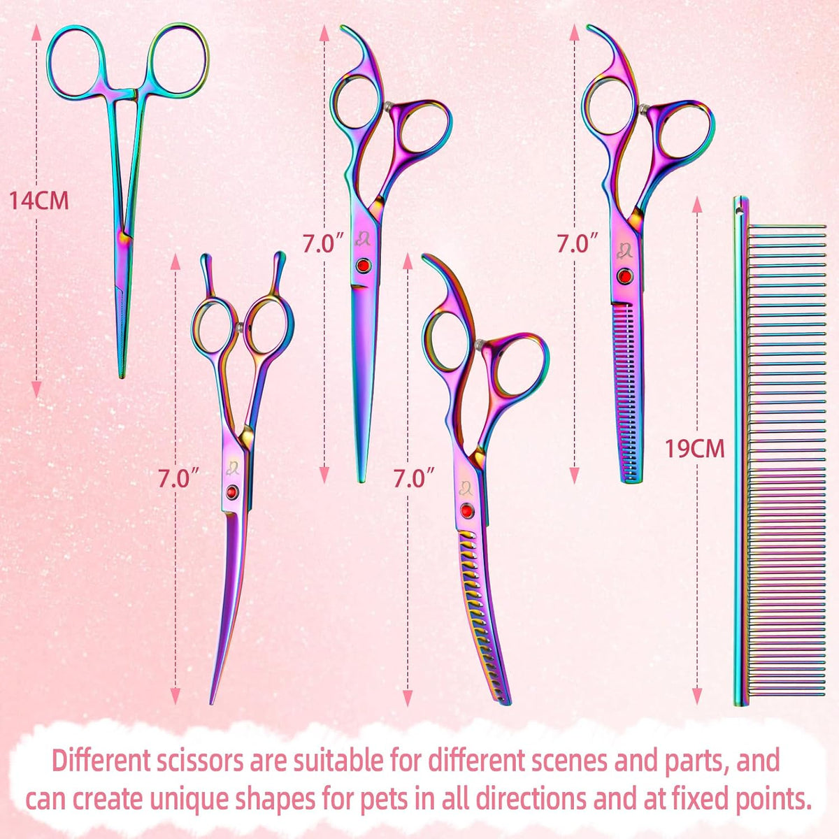 Dog Grooming Scissors-7" Dog Grooming Shears Set 6PCS Rainbow – Essentials for Dogs - image 2