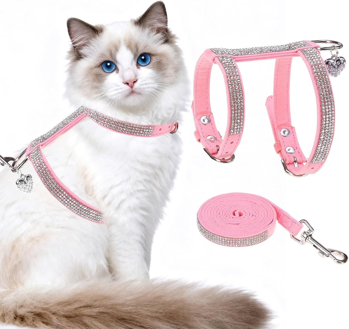 Cat Harness and Leash Set, Escape Proof Adjustable Cat Harness - Pink Rhinestones / Medium