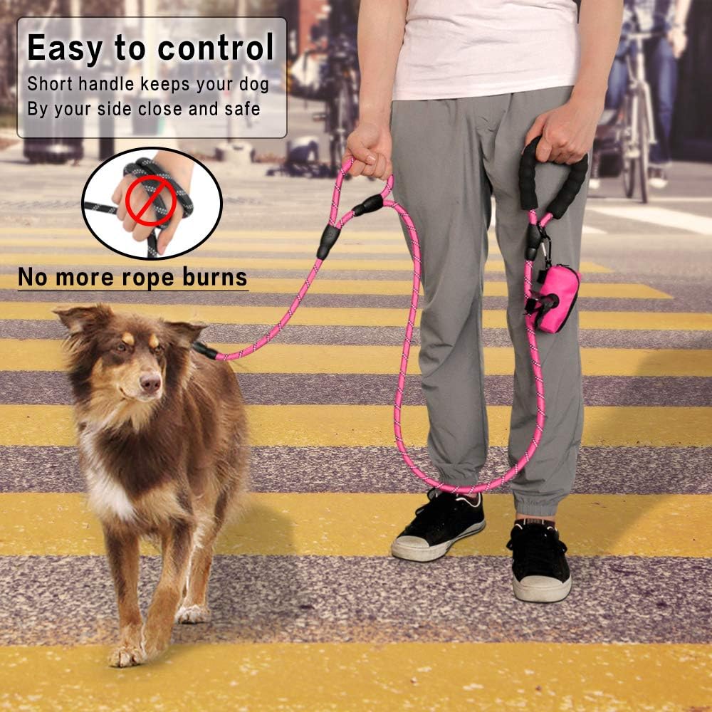 Plutus Pet Rope Dog Leash with Double Handles, Reflective - Rope-Pink