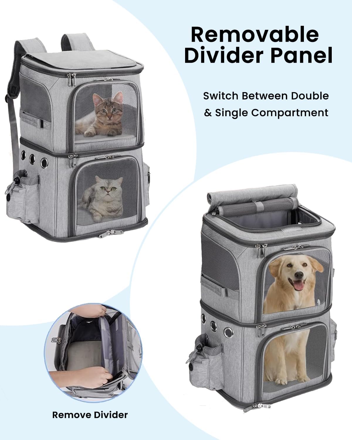HOVONO Double-Compartment Cat Backpack Carrier for Mulit-Cat Families – Essentials for Dogs - 14.6"L x 11.2"W x 21.6"H / Grey - image 2