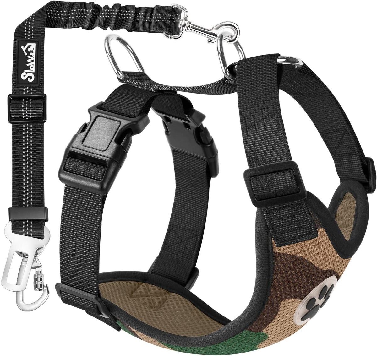 SlowTon Dog Seat Belt and Harness for Car, B M - Camo / XX-Small