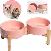 Elevated Ceramic Dog Bowl Set - Raised Feeding Bowls with Non-Slip Bamboo Stand - Small Pet Dishes for Food and Water - Ideal for Cats and Puppies - 16.23 OZ - 2 Cups - 480 ML