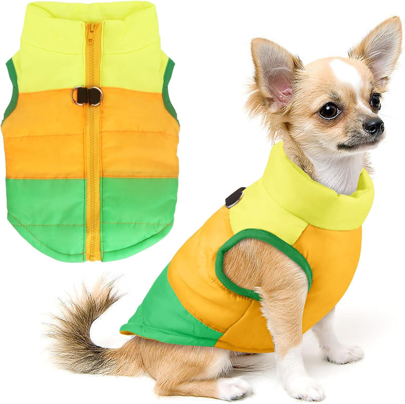 Idepet Pet Dog Cat Coat with Leash Anchor Color Patchwork Padded - L(Chest-17",Neck-12") / Green