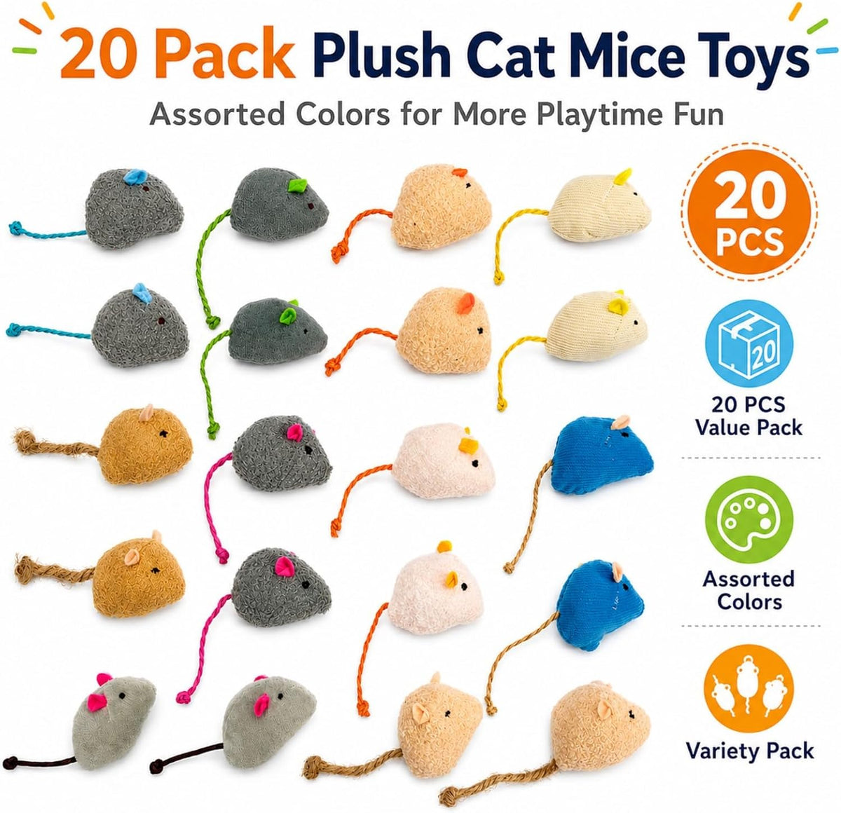20-Pack Catnip Mouse Toys, Assorted Colors - image 2