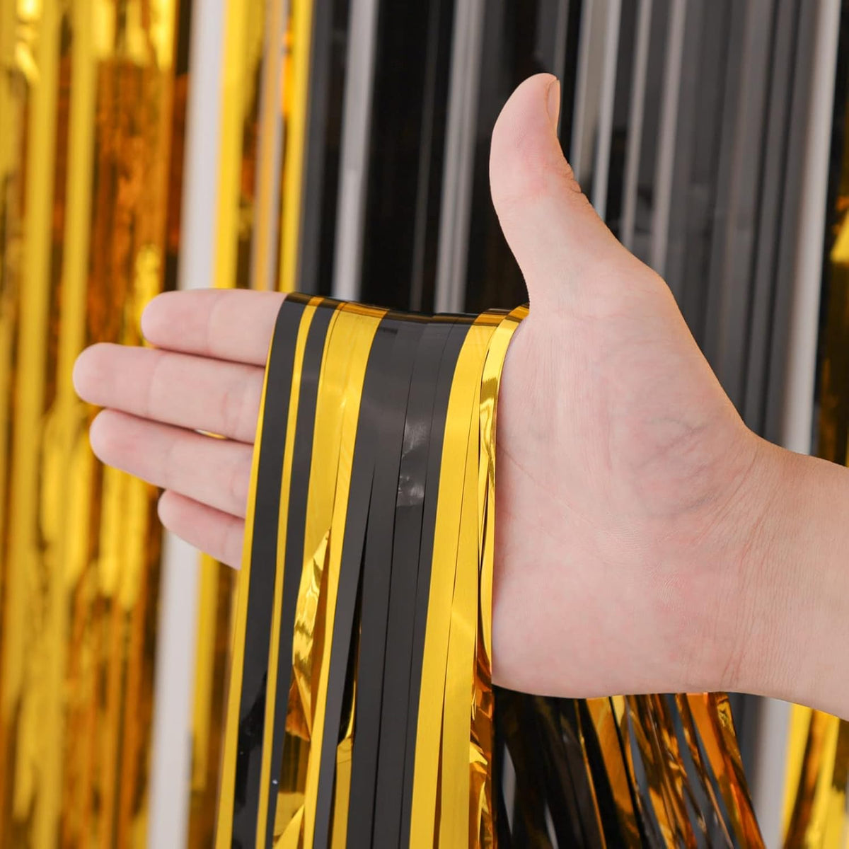 Voircoloria 2 Pack Gold Foil Fringe Backdrop Curtains - Black and Gold / 4 - image 2