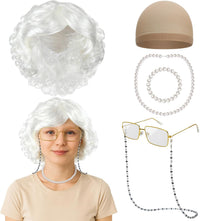 Huskein Old Lady Costume, Old Lady Cosplay Silver Bun Wig Glasses Wig Cap Pearl Necklace Bracelet - White-lady
