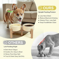 SPUNKYJUNKY Elevated Dog Bowls Ceramic, 6.1'' Dogs and Cat Food Water Bowls Raised with Non-Slip Bamboo Stand for Medium Sized Breed Microwave Dishwasher Safe - 28.7 OZ,Beige