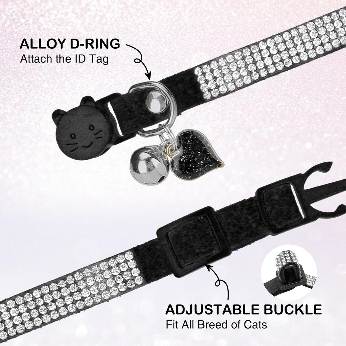 Rhinestone Cat Collar Breakaway, Bling Sparkly Diamond - Black / 7"-9" For Cats - image 3