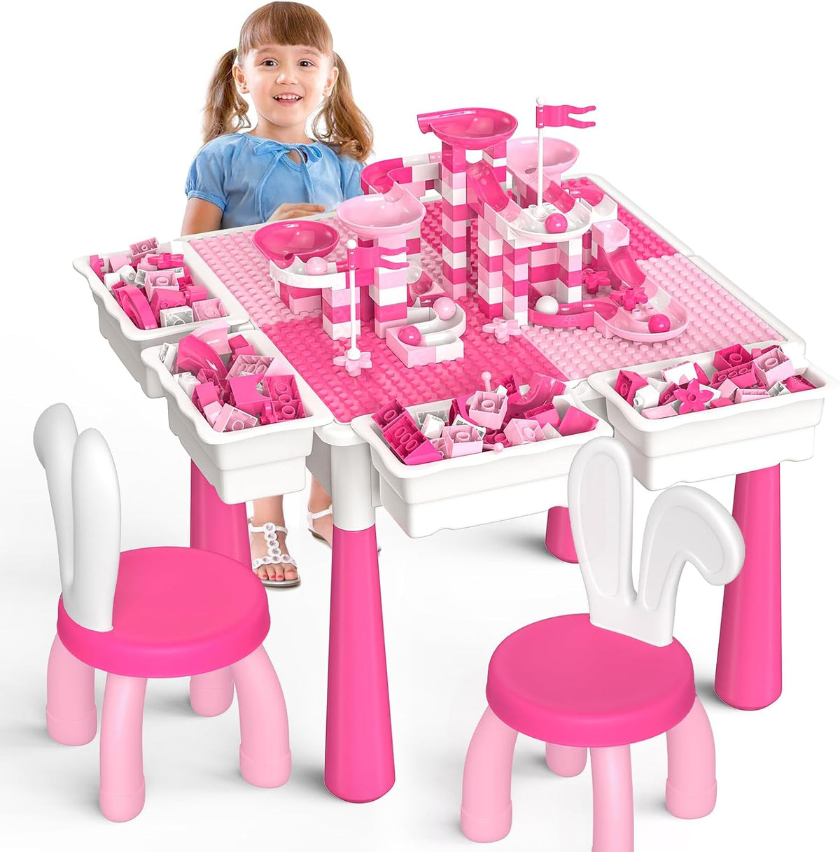 OCATO Kids Table and 4 Chairs Set Activity Table Kid Water Table – Fun for Kids & Family - Table and 2 Bunny Chairs Set
