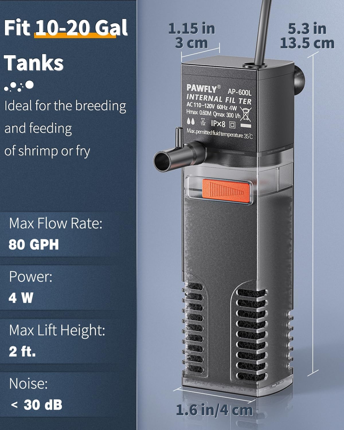 Pawfly internal aquarium filter with 80 GPH water pump, sponge and airline tubing - view 2