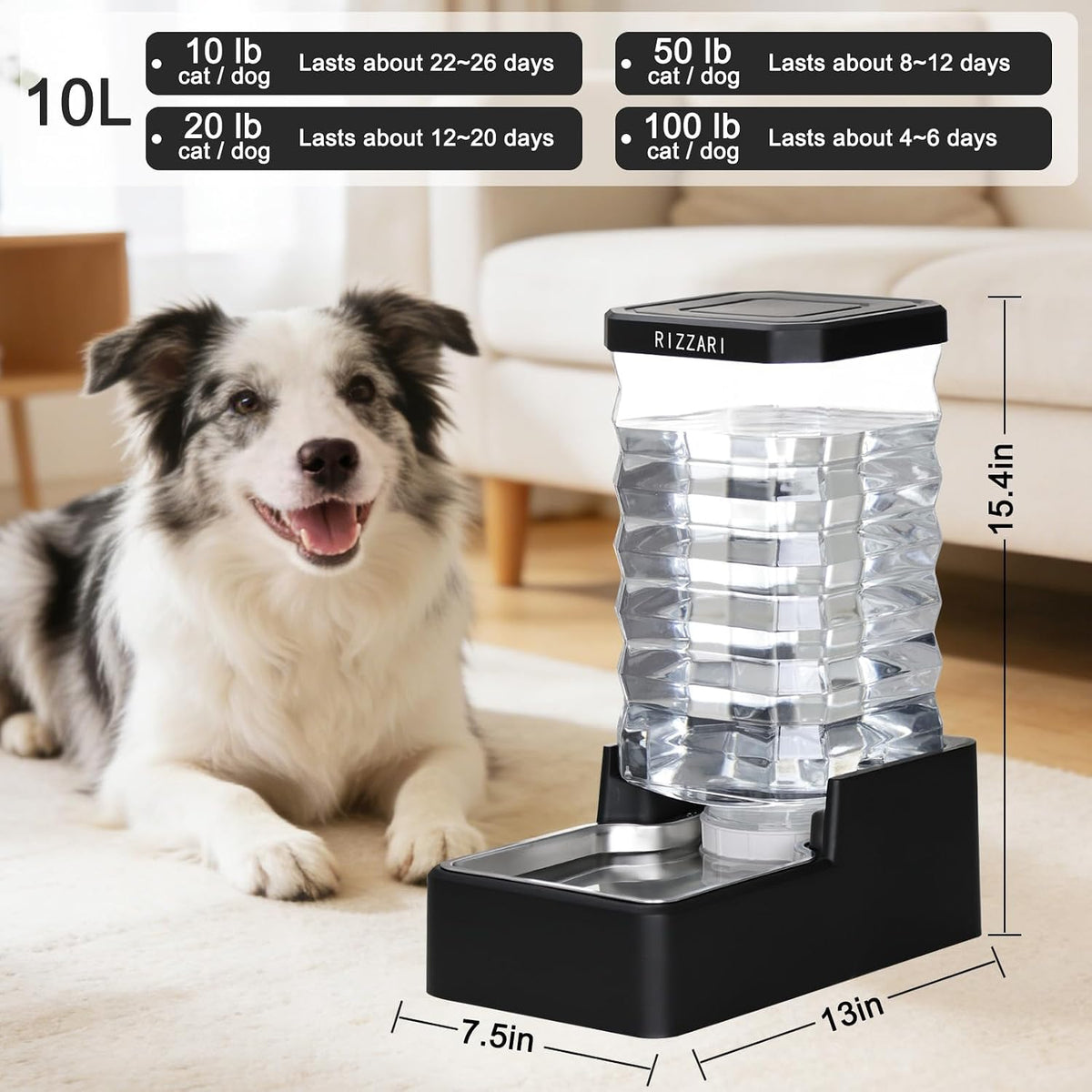 2.4Gallon Dog Water Bowl Dispenser for Dogs:Leak Resistant Waterer – Essentials for Dogs - Black with Lid & Filter / 10L - image 2
