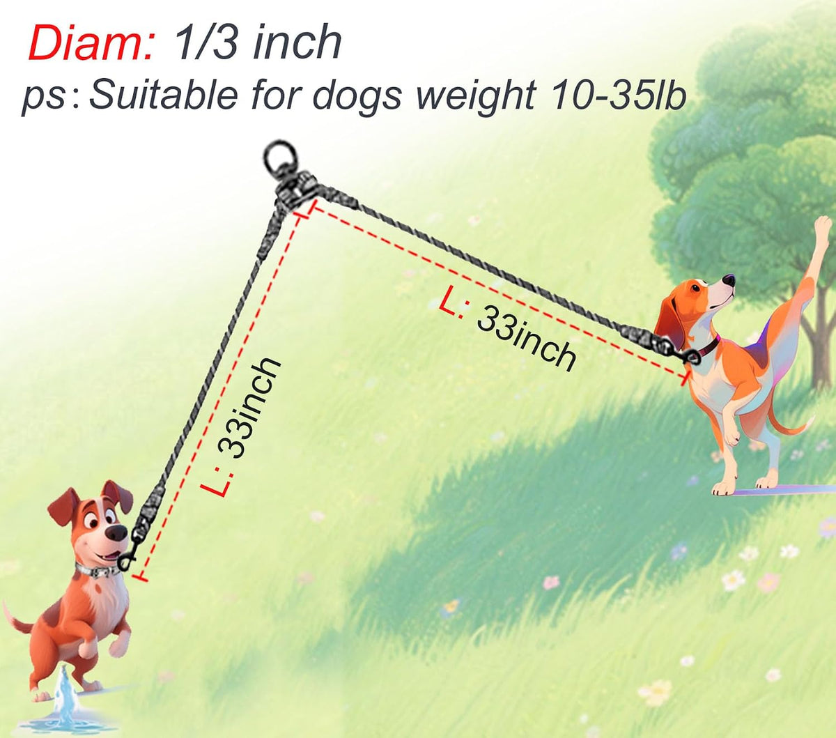 Double Dog Leash Coupler Heavy Duty Extension Rope for Two Large Dog – Essentials for Dogs - Small (1/3"D x 33"L) / Black - image 3