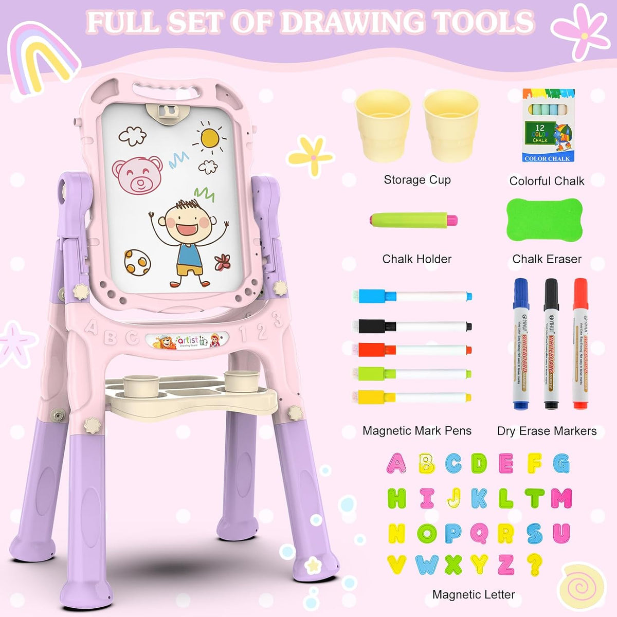 Amagoing Easel for Kids, Adjustable Standing Art Easel for Toddler, Double Side White Chalk Board - pink - image 2