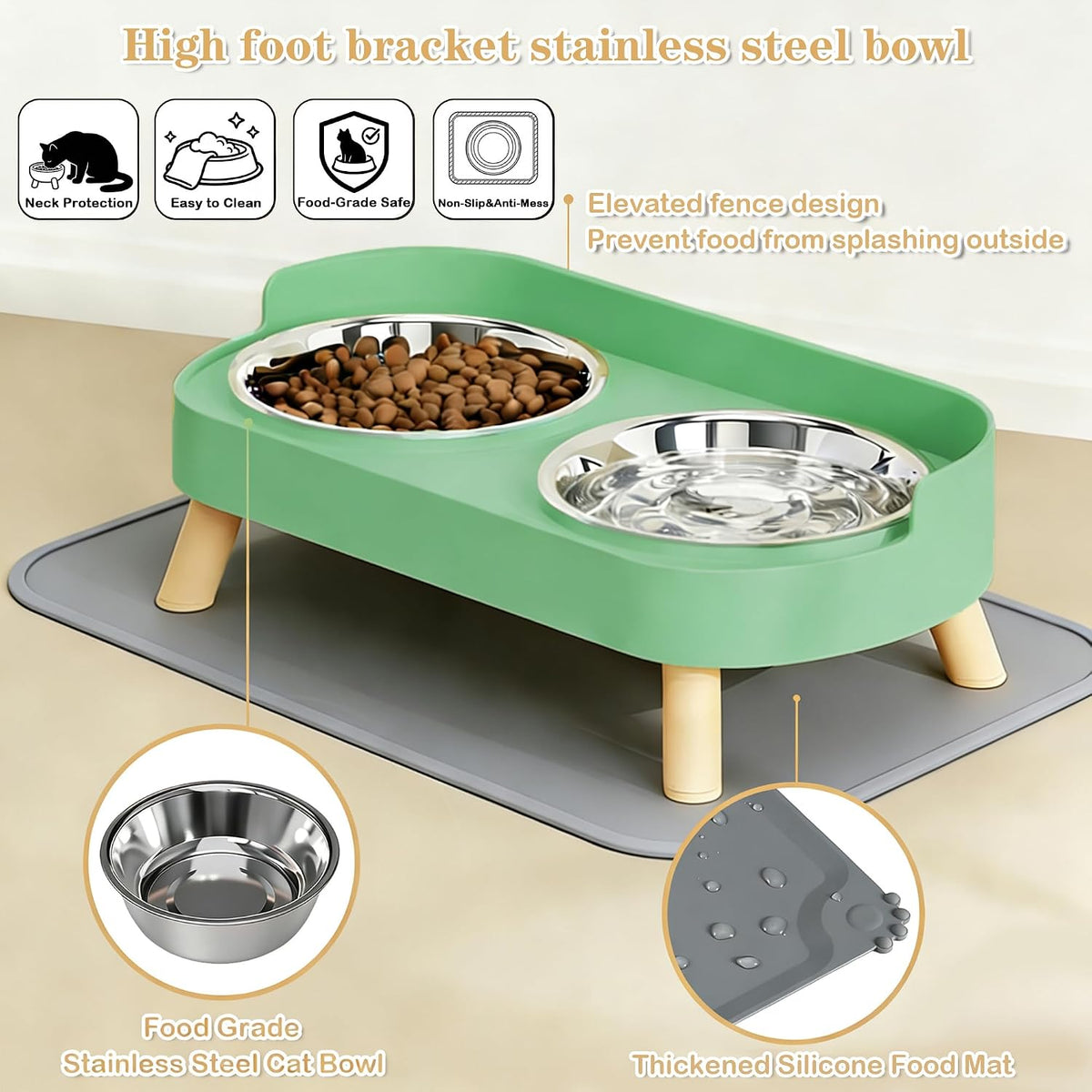 Elevated Cat Bowls with Food Mat - Green - image 3