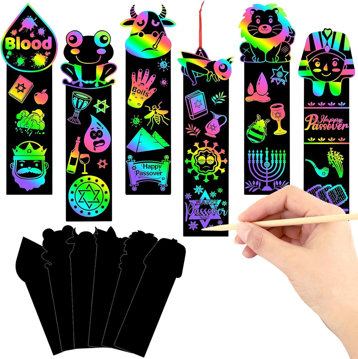 JUNEBRUSHS rainbow scratch art bookmarks with bamboo scratch sticks and colored satin ropes - view 4