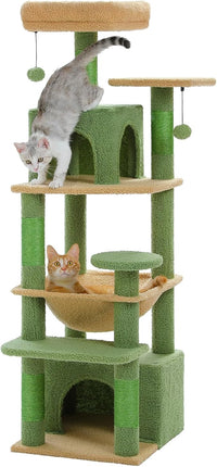 PAWZ Road Cat Tree, 53.5 Inches Tall Cat Tower with Spacious Hammocks, Condos and Scratching Posts, Cat House with Dual Padded Perches for Indoor Large Cats-Green