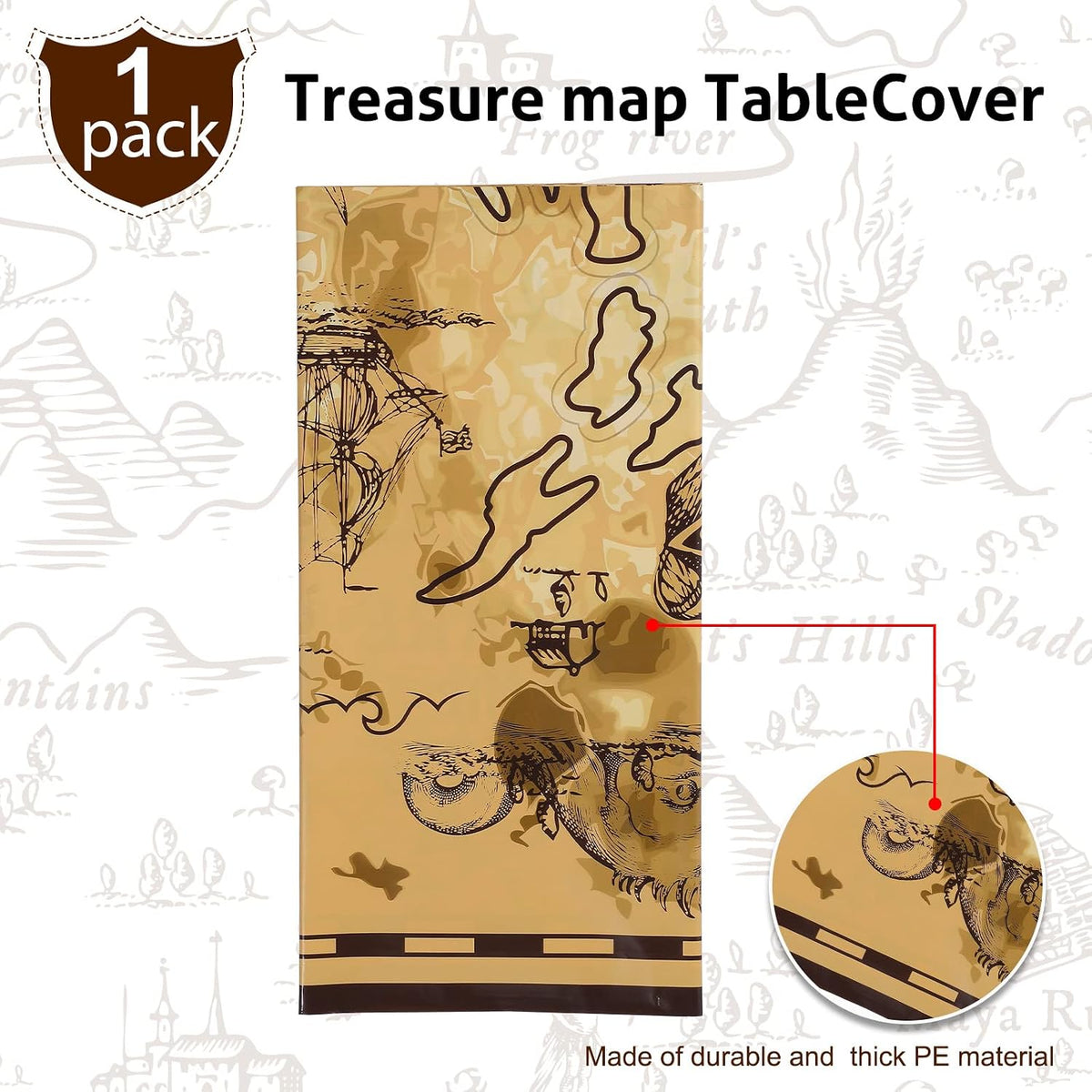 Irenare pirate tablecloth printed with a treasure map, skeleton, boat, mountain and treasure chest - view 8
