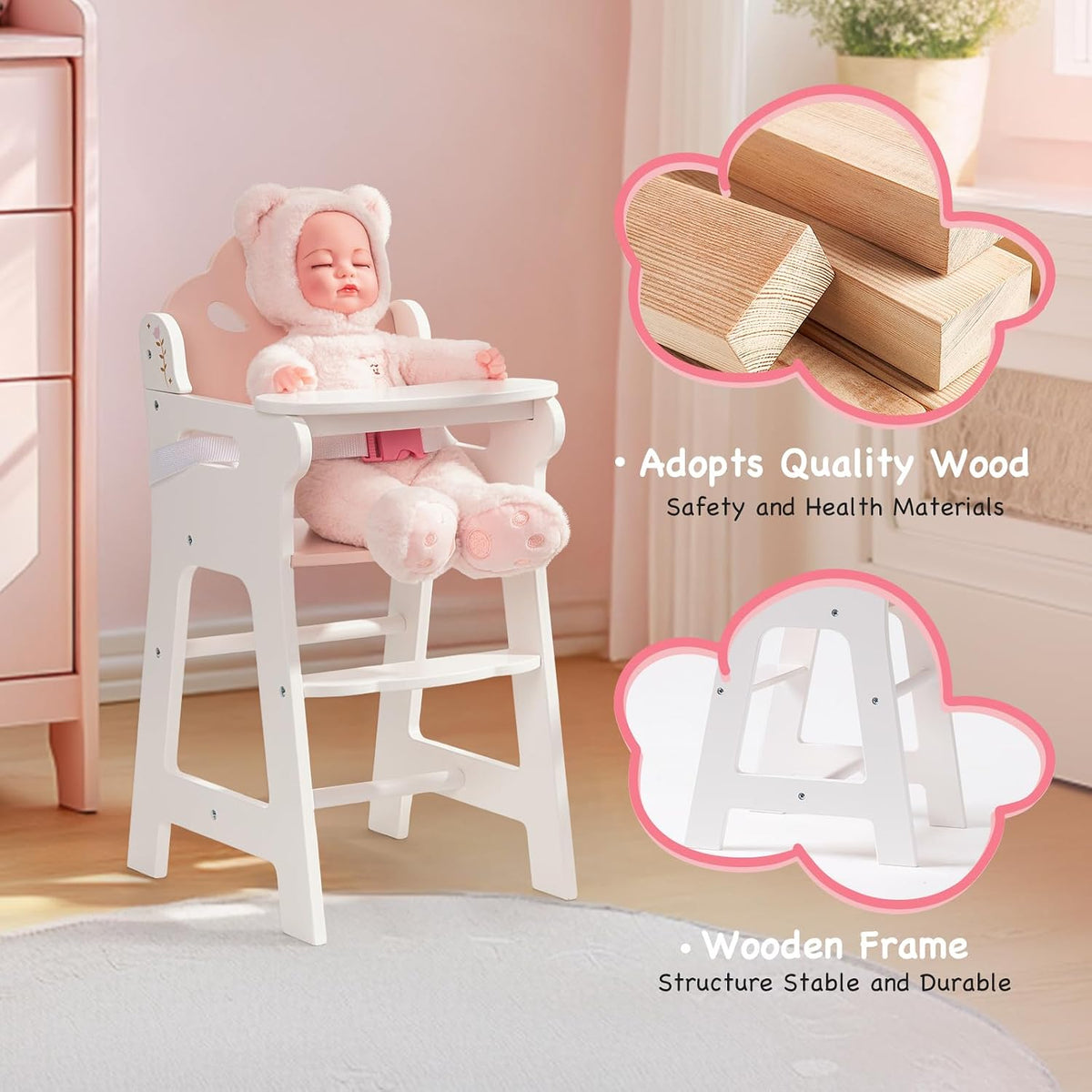 ROBOTIME wooden doll high chair with tray, footrest and flower shaped back in white and pink - view 8