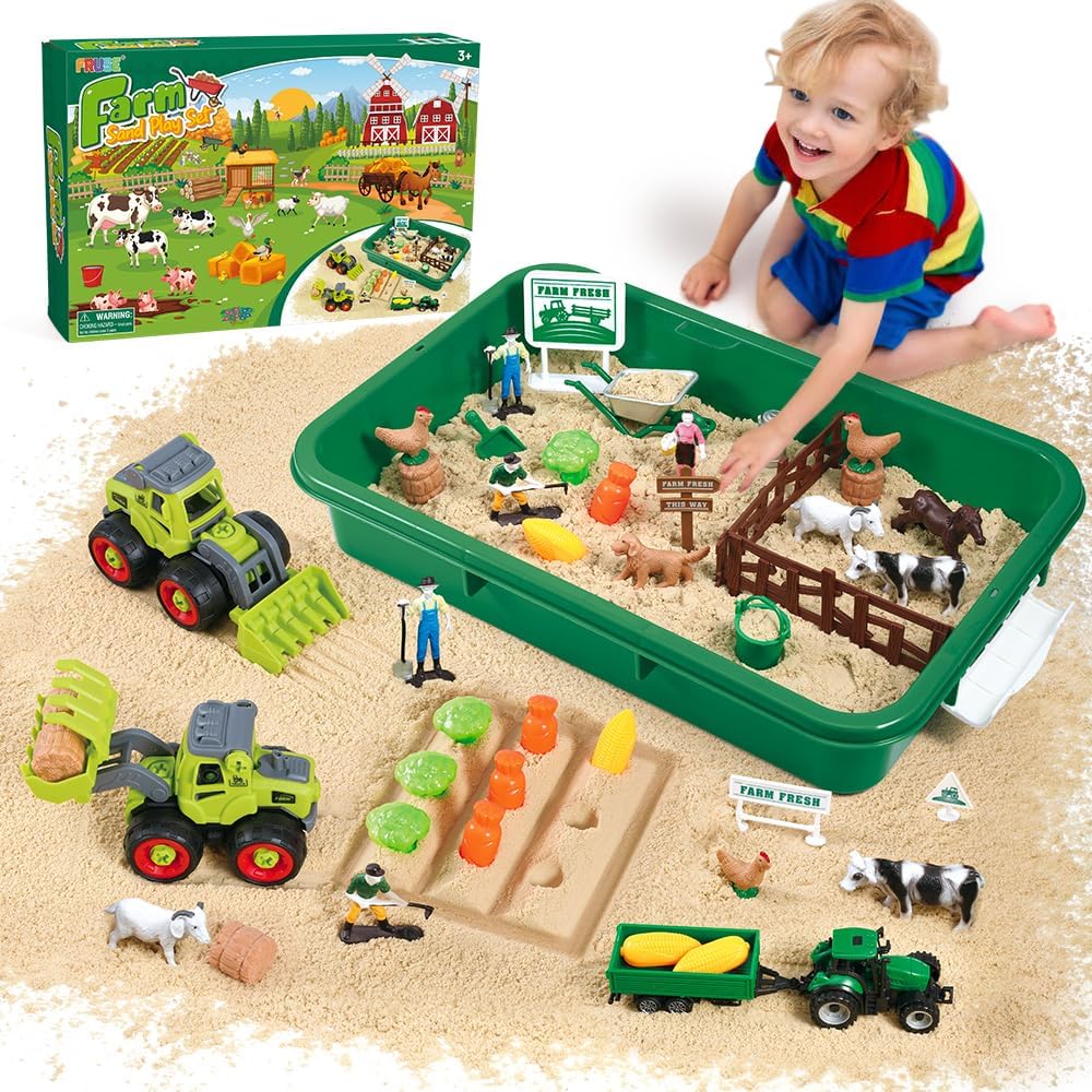 FRUSE Farm Sensory Bin Toys with Play Sand Kit & Tractor for Toddlers