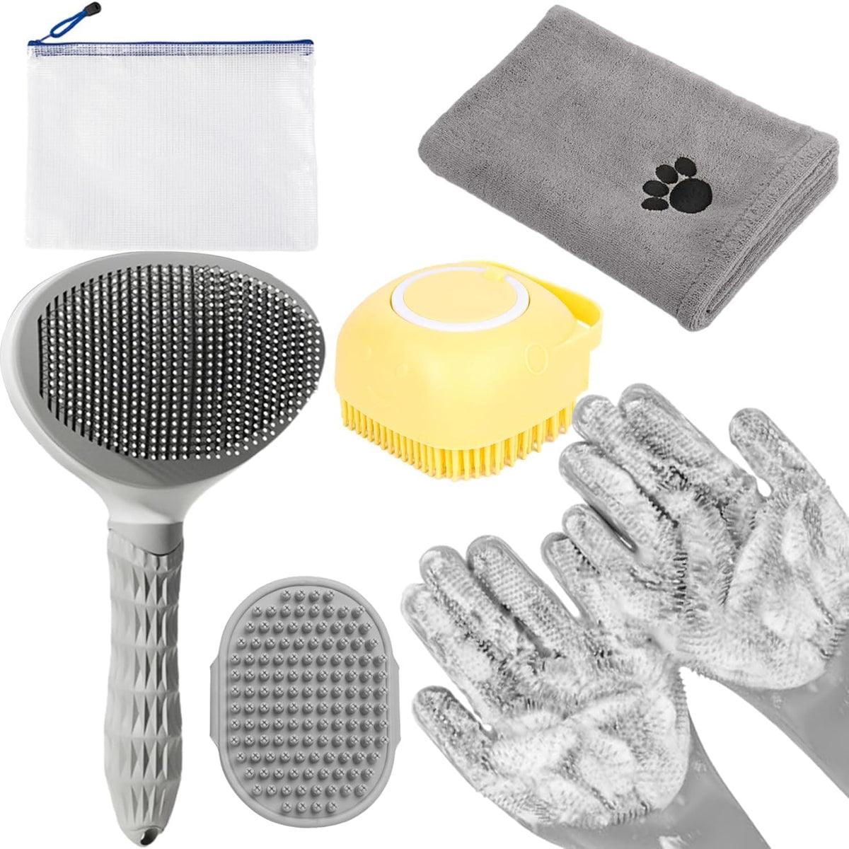 Bath Grooming Kit for Pets, Hair Brush Set with Towel - 6-Bath-Grey