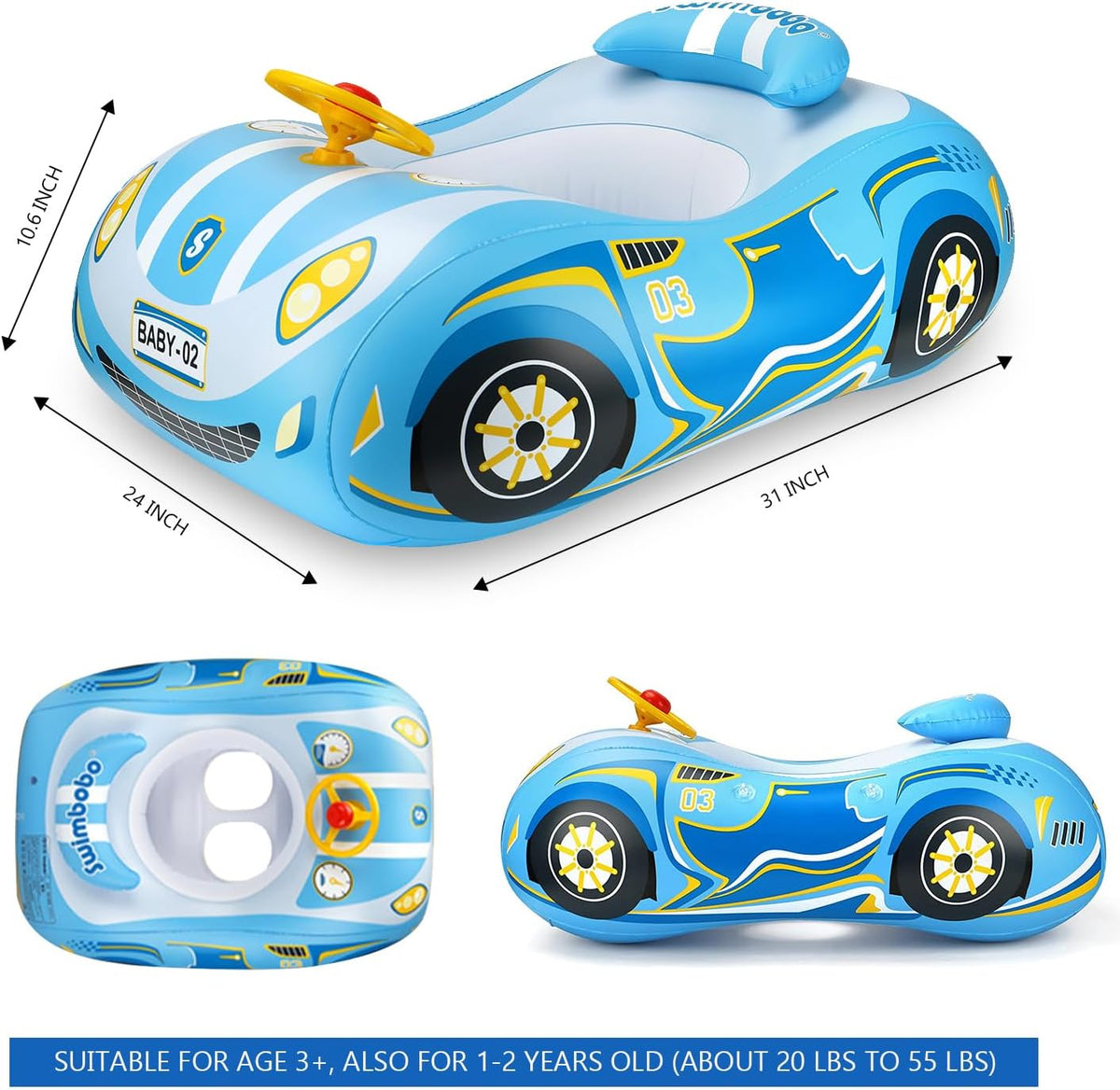 BOffer inflatable baby pool float shaped like a car with steering wheel and horn - view 6
