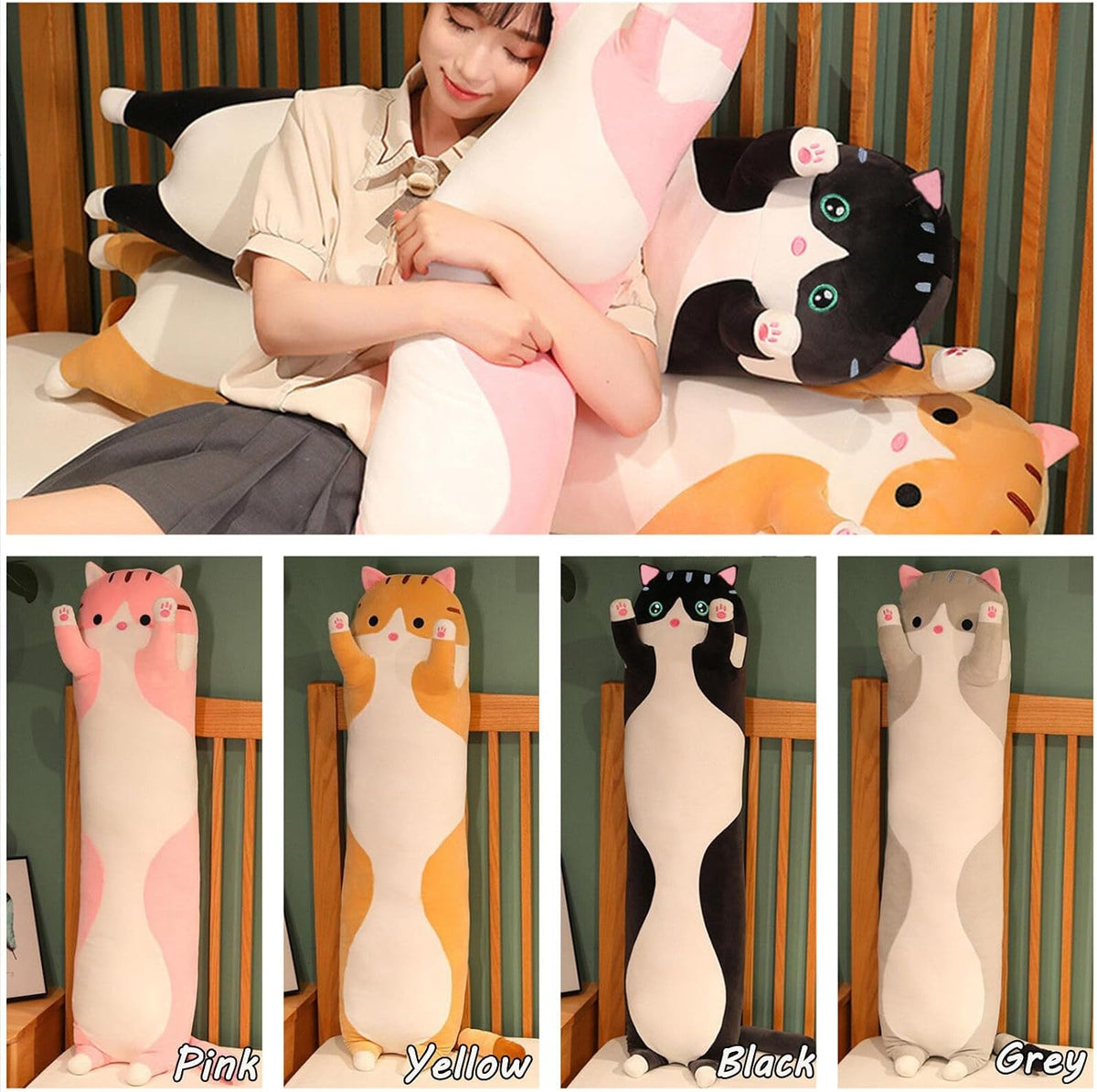 Long Cat Plush Pillow Soft Cat Hugging Pillow Stuffed Animal Pillow - Black / 35.43 inches - image 3