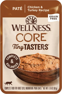Wellness CORE Tiny Tasters Pate Adult Wet Cat Food, Natural, Protein-Rich, Grain Free, 1.75 Ounce Pouch, 12 Pack (Chicken & Turkey)