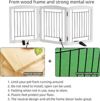 ZJSF Freestanding Dog Fence Indoor, Foldable Dog Gate for Doorways, Stairs or Hallways, Sturdy Wood Extra Wide Pet Gate with Support Feet for The House, White, 24 "Height-3 Panels