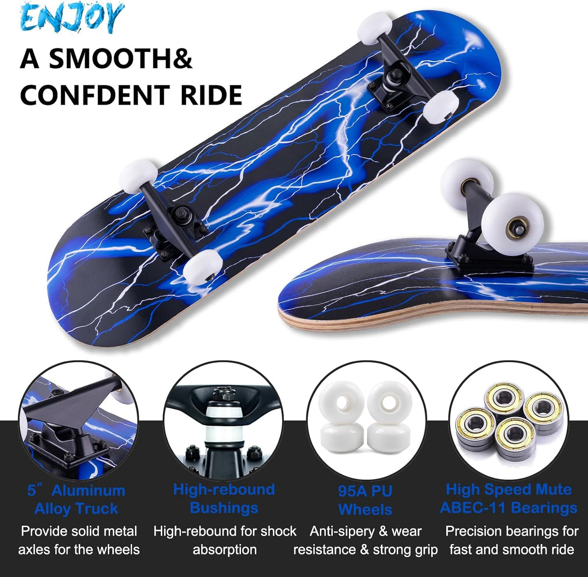 Skateboard,31 x 8 Inch Complete Skateboard, 8-Layer Maple Wood Deck Double Kick Standard - Blue - image 2