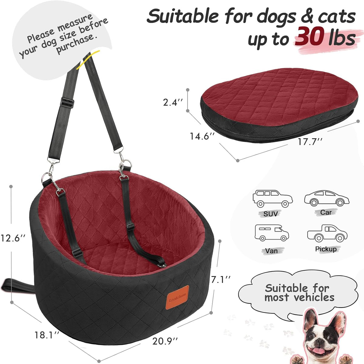 Lealchum Dog Car Seat for Small Dogs Up to 30 Lbs with 2 Safety Dog - Black/Red / Small - image 2