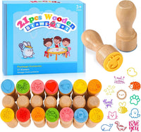 MeCids 21-piece wooden stamp set for kids with animal and party designs