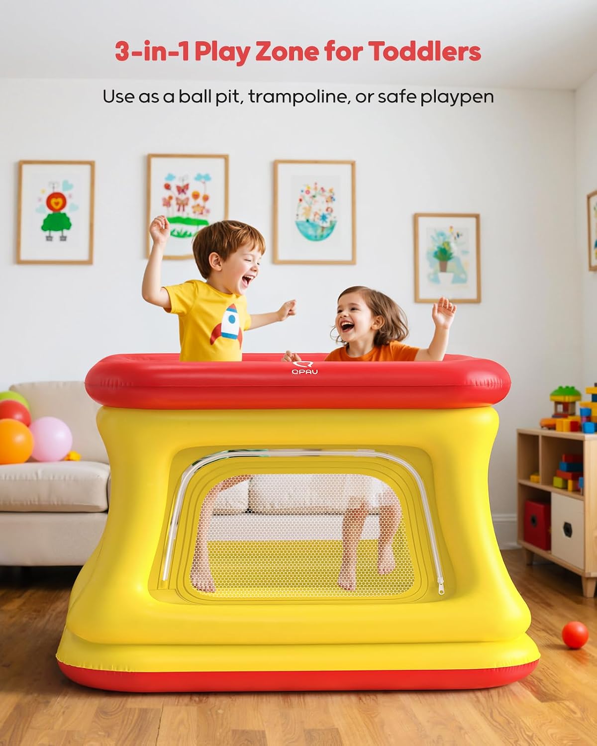 QPAU 3-in-1 Inflatable Bounce House with Pump for Toddlers 1-3 – Fun for Kids & Family - Red & Yellow - image 2