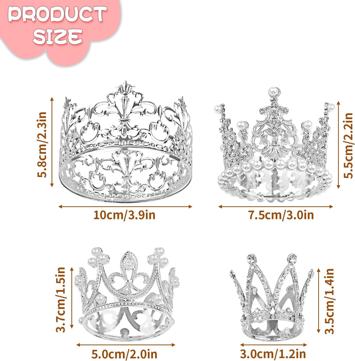 COIDEA gold crown cake toppers in four sizes with crystals and pearls - view 6