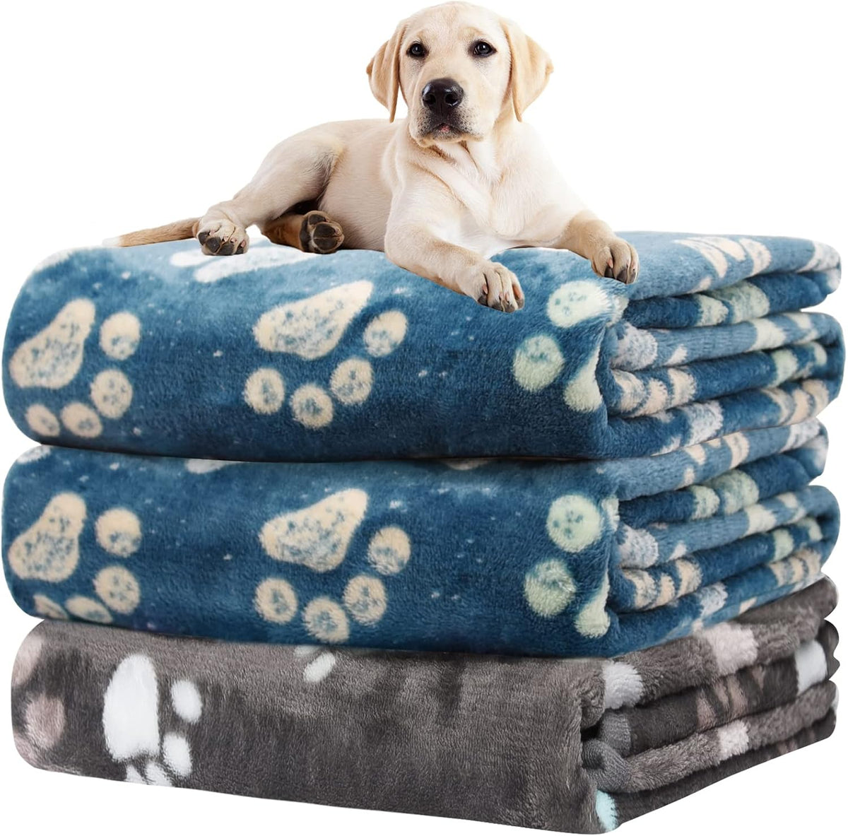Rezutan Blanket for Large Dogs & Cats Soft Reversible Cute Paw 40"x31" – Essentials for Dogs - Blue 2pack+ Gray 1pack / Large,41x31inch