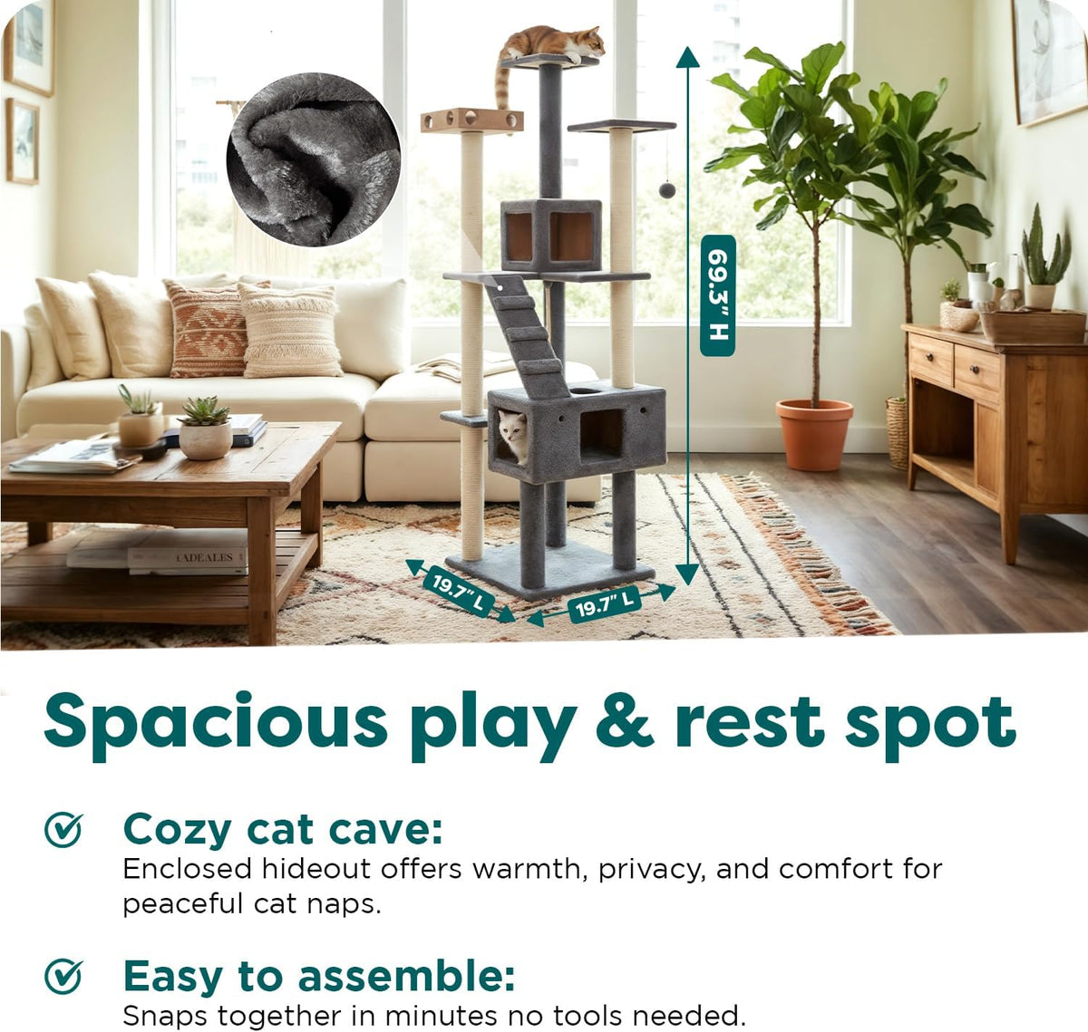 FurHaven 69.3" Tall Cat Scratching Post Tower for Indoor Cats - Cat Tower / Double Decker Playground (Gray) - image 3