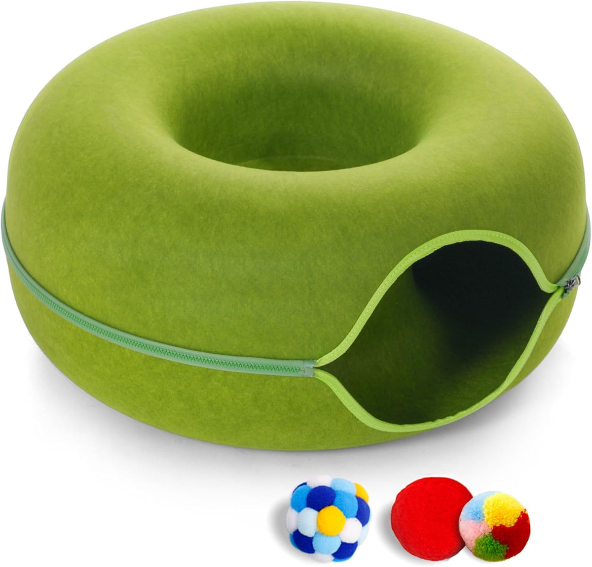 Large Cat Tunnel Bed for Indoor Cats with 3 Toys - L(24x24x11) / Green