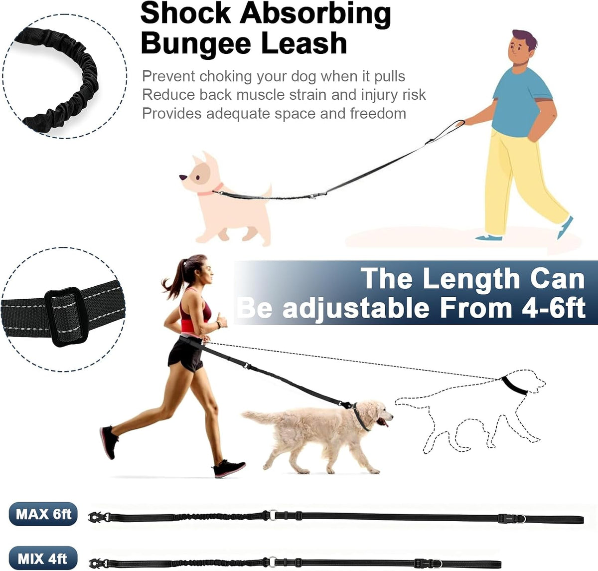 Heavy Duty Hands Free Dog Leash with Quick Release Carabiner - Black - image 3