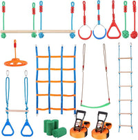 VEVOR Ninja Warrior Obstacle Course for Kids, 2 x 50 ft Weatherproof Slacklines, 500lbs Weight Capacity Monkey Line, Outdoor Playset Equipment, Backyard Toys Training Equipment Set with 12 Obstacles
