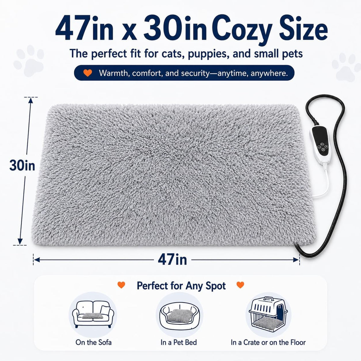 Pet Heating Pad for Cats with Normally Open Function - Grey Plush / 47.0"L x 30.0"W - image 2