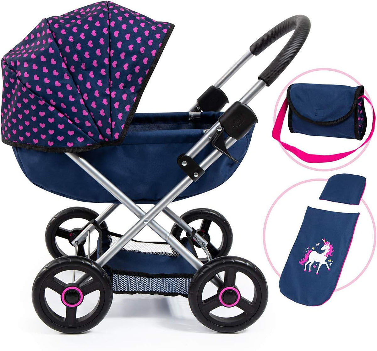 Bayer Baby Doll Stroller Toy Set with Bag - Navy with Hearts
