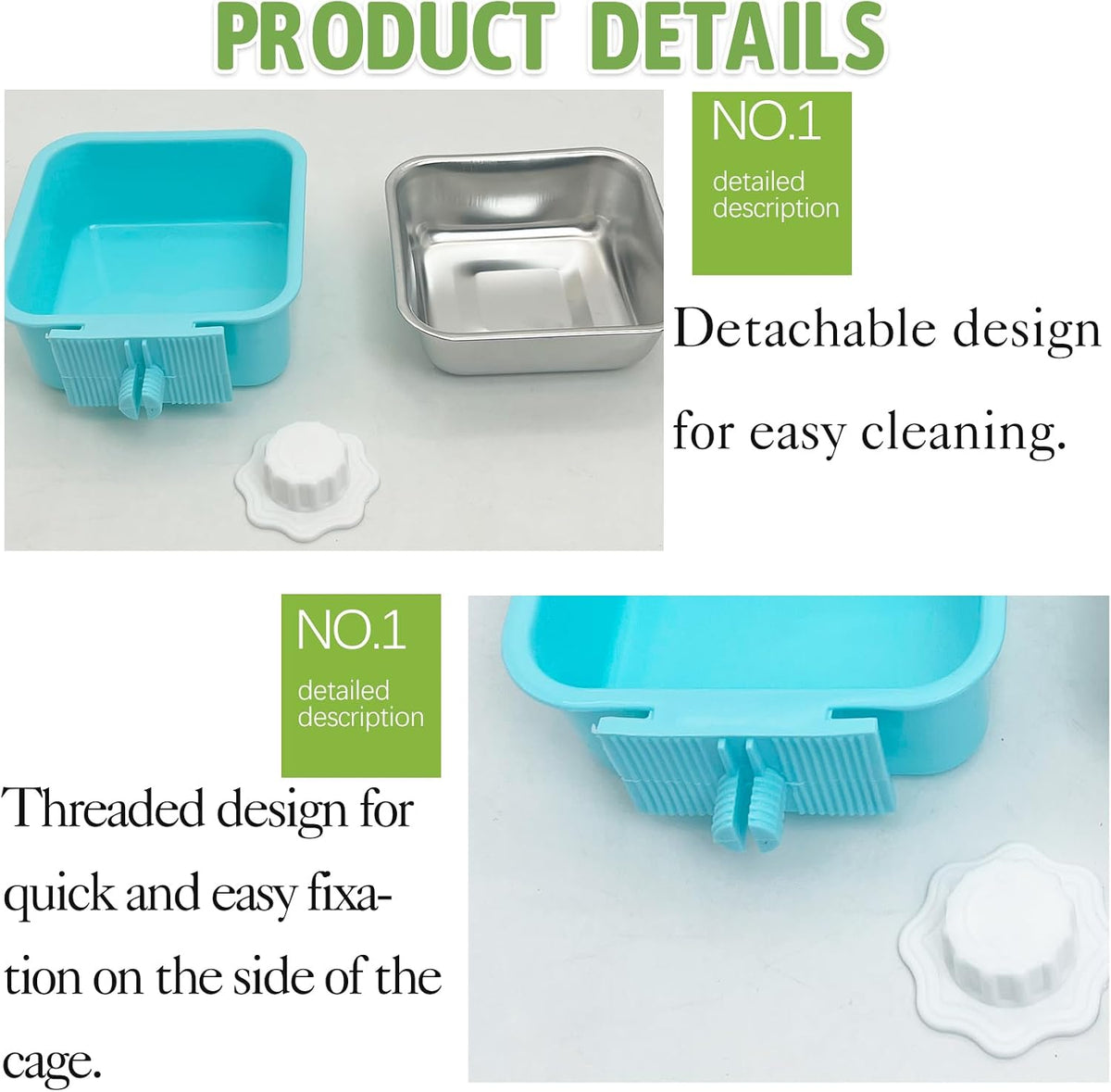 2PCS Stainless Steel Dog Bowls Set Removable Puppy Food and Water - 2 PCS / Small Square (Blue, Green) - image 2