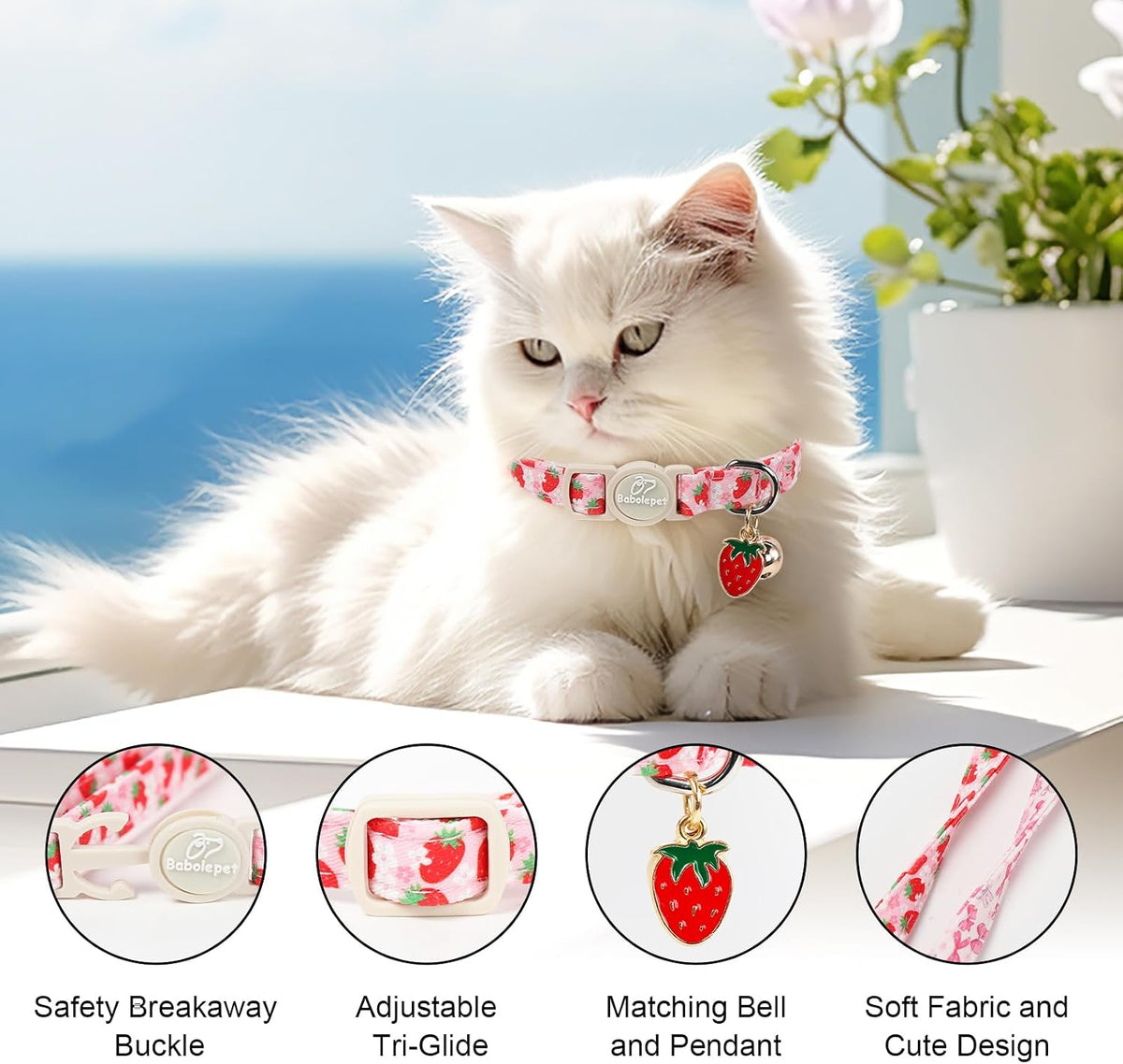 2 Pack Cute Cat Collars - Cartoon Bee Ladybug Breakaway Cat Collar with Bell & Matching Pendant - Pink Strawberry&Bow - image 3