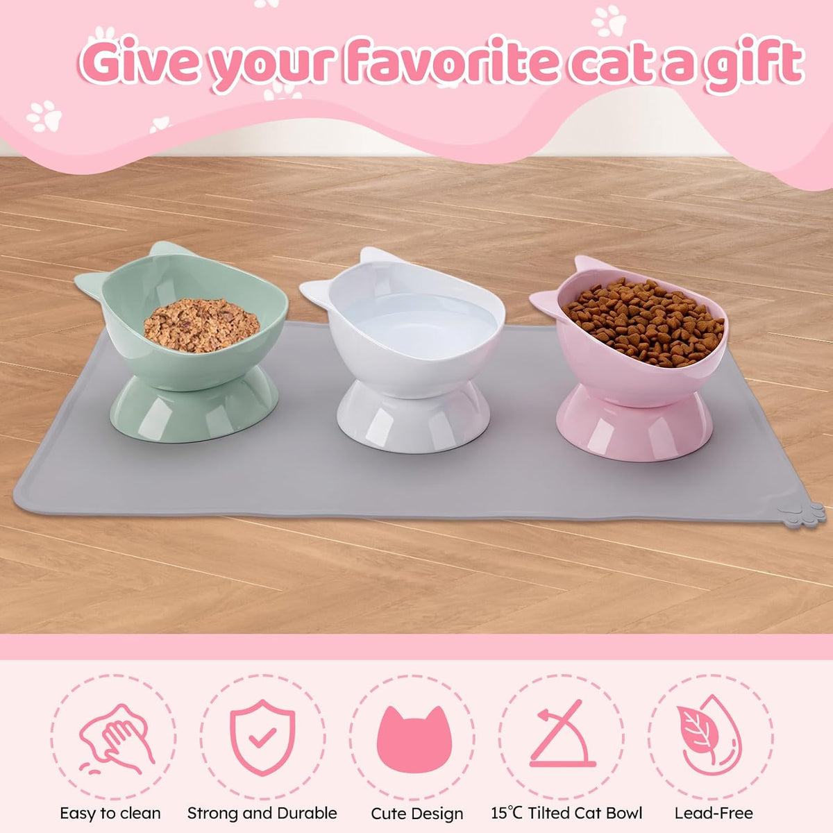 3 Pcs Raised Cat Bowl 15° Elevated Cat Food Bowl Tilted Cats Bowls - Pink,Green,White - image 4