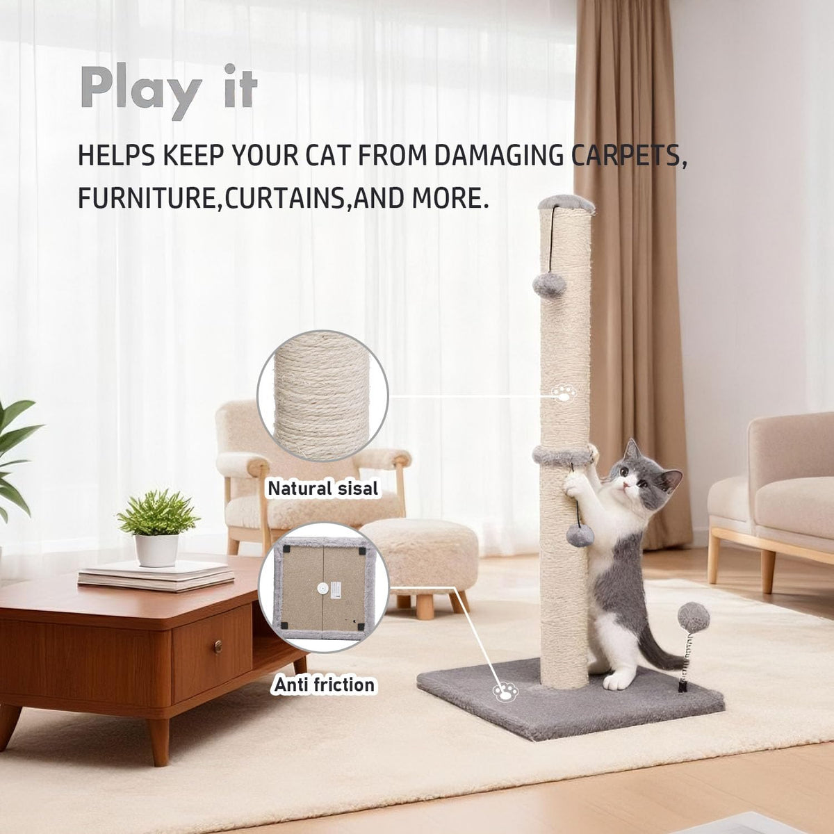 MECOOL 34” Tall Cat Scratching Post Premium Basics Kitten Scratcher - 34 inches for Adult Cats / Gray - image 3