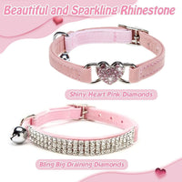 BINGPET Diamond Cat Collar with Bell, Adjustable Kitten Collar - Pink(Heart & Rhinestones) / Neck Girth 8"-10" - image 4