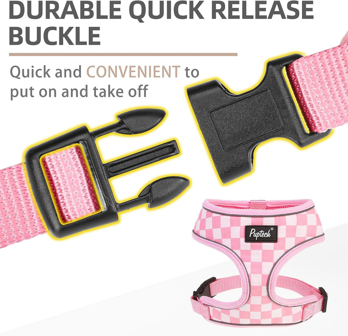 Pupteck Soft Mesh Dog Harness Sized and Leash Set Pet Puppy Cat - Checkered Pink&White / M (NECK: 14", CHEST: 17"-21") / Classic over-the-head harness - image 4