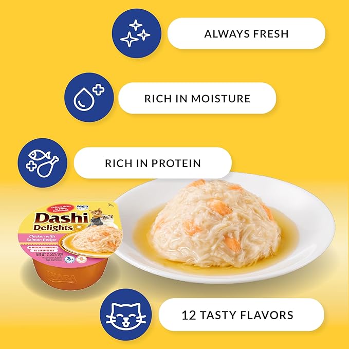 INABA Dashi Delights for Cats, Shredded Chicken with Bonito Flake Broth, 2.5 Ounce Cup, 12 Cups Total, Tuna Variety