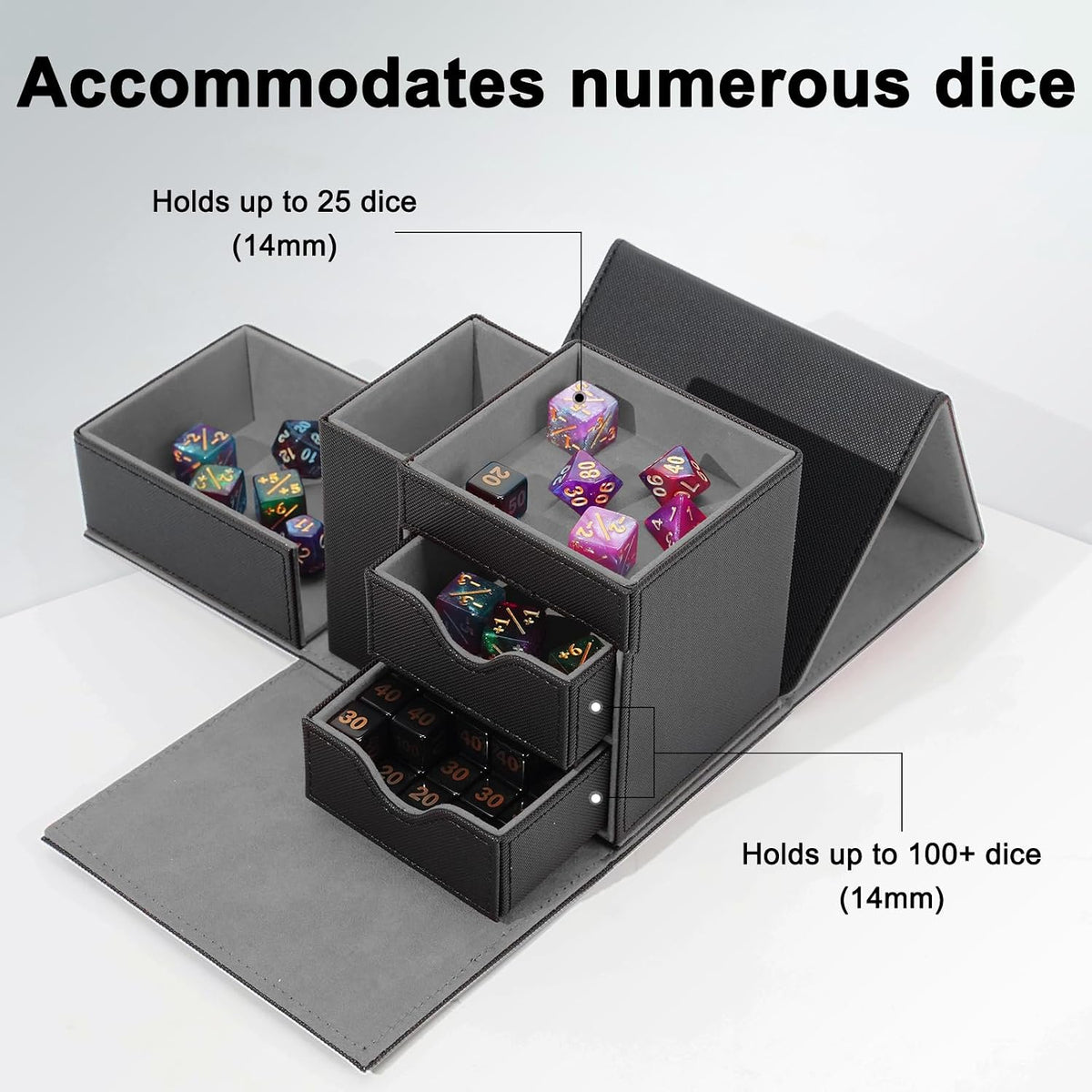 Stepane dice tray and dice tower storage box in black and red PU leather with drawers - view 28