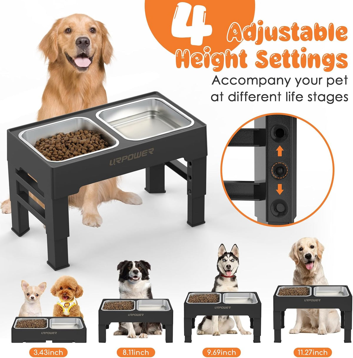 URPOWER Raised Dog Bowls 4 Height Adjustable Elevated Bowl Stand – Essentials for Dogs - Carbon Black - image 2