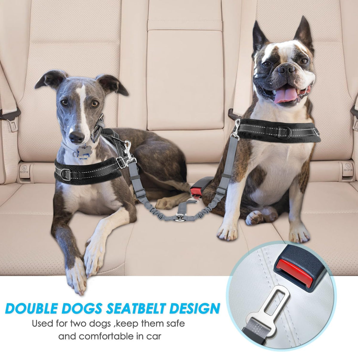 SlowTon Double Dog Seat Belt for Car with Elastic Bungee Buffer - G.Grey / 2 Medium in 1 - image 2